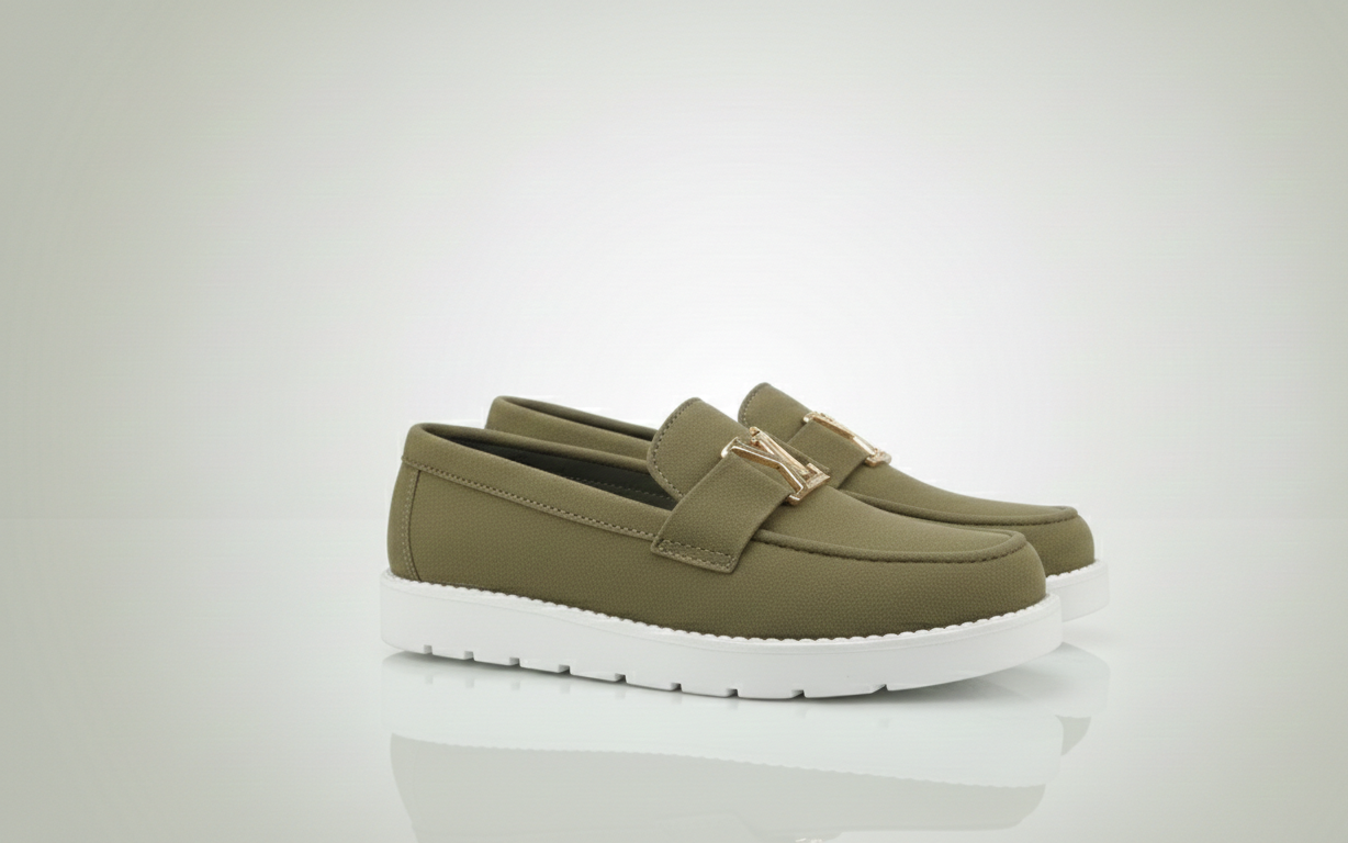 Olive Green Men’s Casual Loafers with White Sole